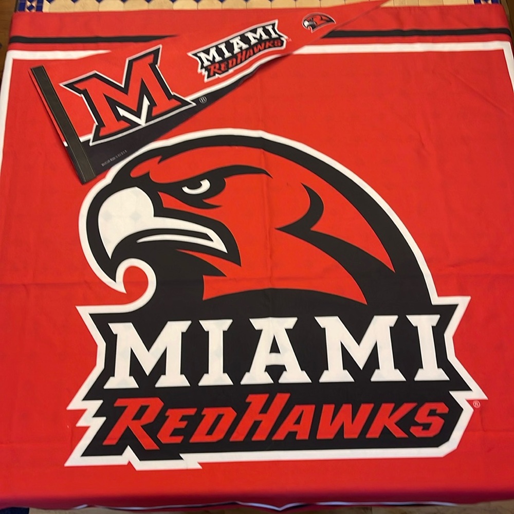 Miami University Redhawks table cloth and banner